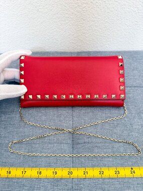 Authentic Valentino Rockstud Leather Clutch Chain Wallet Red